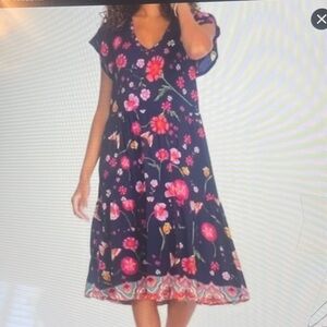Johnny Was Navy Floral Soft Tiered V neck Midi Dress Size Large